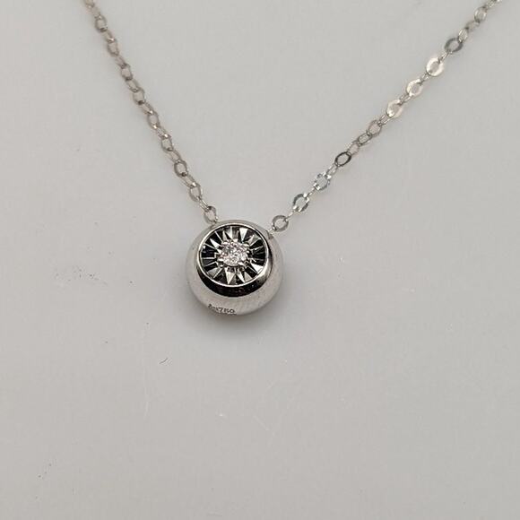 Solid 18k Minimalist White Gold Real Diamond Round Pendant Necklace Silver NWT - Picture 1 of 11
